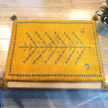 ペルシャ ギャッベ　玄関マット　ラグ　84x62cm　黄金色　生命の木　RJ7980
