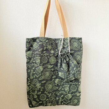 播州織のマチ付きトートバッグ＆ミニ巾着セット（グリーンフラワー）