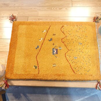 ペルシャ ギャッベ　玄関マット　ラグ　85x60cm　黄金色　黄色　風景　テント　RD3086