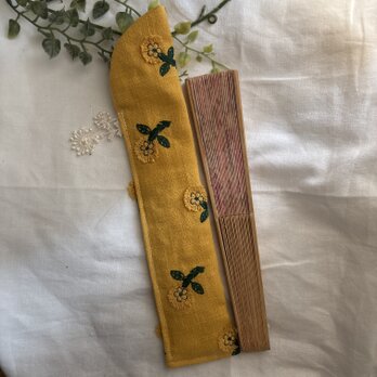 ★ハンドメイド★ ★★ リネンイエロータンポポ刺繍扇子ケース★箸入れ★箸袋★