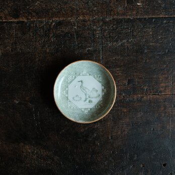 鶴と入れ子菱◆印判小皿　骨董・antiques　古道具　古民家　丁寧な暮らしに。緑　明治〜大正期