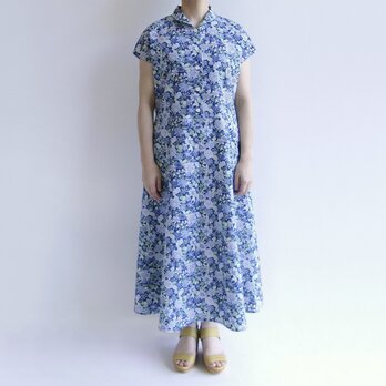 国産リップル生地＊フレンチスリーブワンピース＊Blue Flower Garden【受注製作】