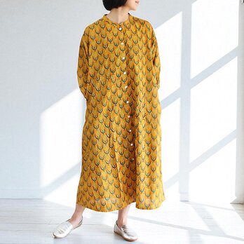 ふんわりスリーブブロックプリント前開きワンピース