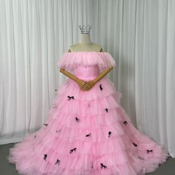 カラードレス チェリーピンク オフショルダー もこもこドレス リボン 花嫁 可愛い