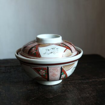 赤で素敵◆花と獅子。瀬戸焼　花文赤絵金彩蓋付丼　碗　骨董/antiques 大正時代　暮らしに。