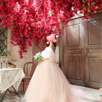 カラードレス 薄ピンク ベアトップ パフスリーブ チュールスカート 3D立体レース刺繍 花嫁 結婚式