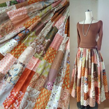 sold 絵画なパッチワーク♥夏の終わりのブラウン♥ボリュームギャザースカート マキシ丈