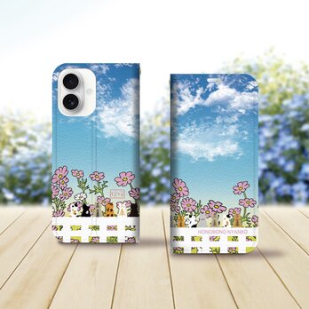 帯なし iPhone 手帳型スマホケース （カメラ穴あり/はめ込みタイプ）【ほのぼのにゃんこ（手書き風コスモス）】