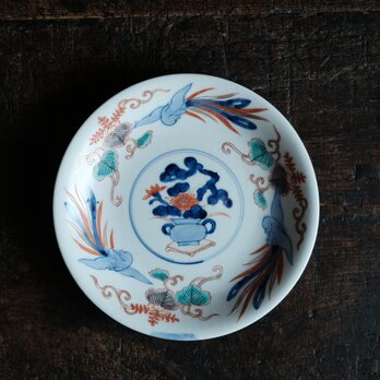 見込みに花籠◆桐と鳳凰。伊万里　花文赤絵金彩中皿　骨董・antique 古美術　明治時代