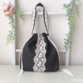 薔薇のスカラップレース＆ヨーロピアンリネンの巾着バッグ