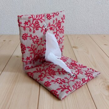 携帯ティッシュケース　花柄刺繍　BOXティッシュから詰替え　ペーパータオルケース　エンジ　358