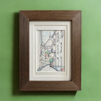 モンマルトル(フランス、パリ、水彩画、原画、フレーム付き)
