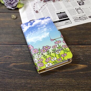 Android シンプル手帳型スマホケース（カメラ穴あり/はめ込みタイプ）【手書き風コスモス】