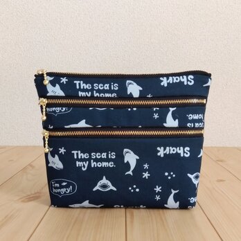 メンズ　鮫　4段ファスナーポーチ+ポケット　バッグインバッグ　サメ　男の子　母子手帳・通帳ケース　ネイビー　　580