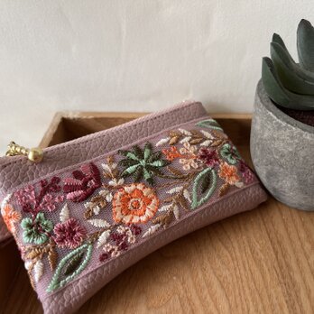 両面インド刺繍ポーチ　10cm  フェイクレザー　カラビナ⑩