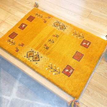 ペルシャ ギャッベ　玄関マット　ラグ　90x60cm　黄金色　生命の木　パネル　RJ5734G