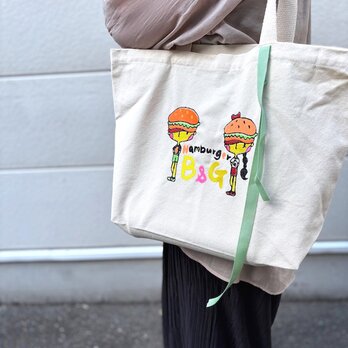 キャンバストートバッグ（中）大容量　選べるカラー　EMA　刺繍　子供　ハンバーガー　カラフル　