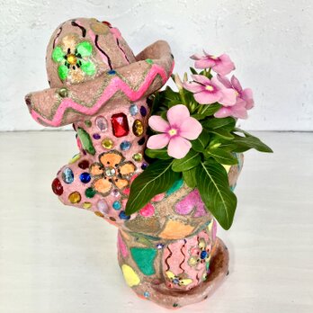 サボテン形　プランターオブジェ手作り　キラキラ　ピンク　セメント　植木鉢