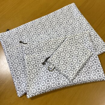 ラミネートの入れ子ポーチ　大きめポーチとミニポーチ、ミニミニポーチ　ブロッサムシリーズ　flowery