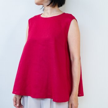 訳アリdeSALE☆艶やかリネンのタンクトップ【L・ルビーレッド・ラウンドネック・後ろボタン】