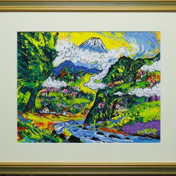 「富士と山村のさえずり」(NO.2521) 6号F ケント紙(0.5ミリ厚)にアクリル絵の具 送料無料 安本太ん