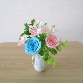 フェルトの花＊パステルの薔薇ミニブーケ＊花瓶付き＊フェルトフラワー アレンジメント
