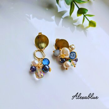 アイオライトたっぷりビジュー アシンメトリーピアス Alexablueオリジナル 結婚式パーティー・ディナーに映えるアクセサリー