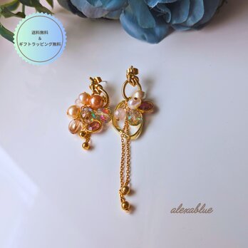 Blooming Rose｜ローズクォーツ × パール × ビーズ｜アシンメトリーピアス シルバー925ポスト