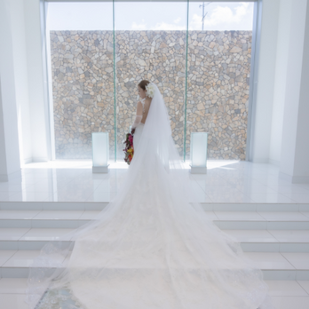 実例写真！ウェディングドレス キャミソール 贅沢な総レース 華やかなトレーン 背中見せ 抜群のおしゃれ見え 拳式/前撮り