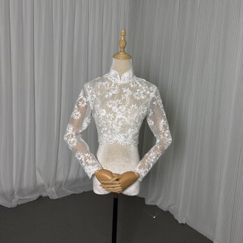 ボレロ 長袖 ハイネック パールボタン 上品花レース 結婚式 披露宴 前撮り