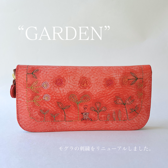 イタリアンレザー × 刺繍革財布『GARDEN』アラスカRED（牛革）長財布☆ラウンドファスナー☆