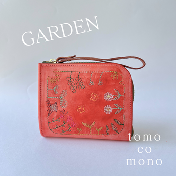 イタリアンレザー × 刺繍革財布『GARDEN』アラスカRED（牛革）コンパクト型
