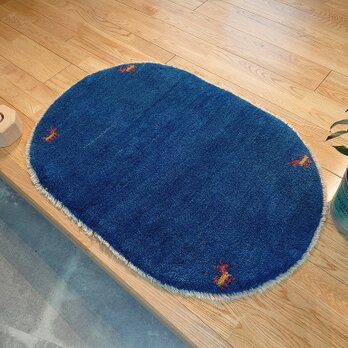 新入荷】ペルシャ　ギャッベ 玄関マット　ラグ　88Φ60cm　楕円形　小判型　青色　ヤギ　羊　RD12140G
