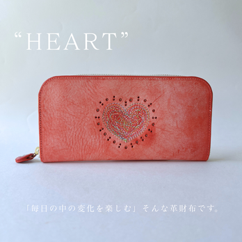 イタリアンレザー × 刺繍革財布『HEART』アラスカRED(牛革)長財布☆ラウンドファスナー☆