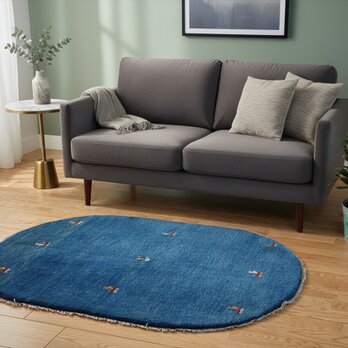 ペルシャ　ギャッベ ソファ前　玄関　小判型　楕円形　123Φ83cm　青色　ヤギ　RJ12994G