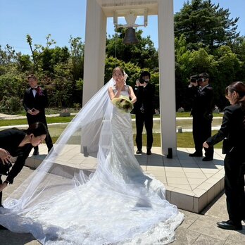 実例写真！ウエディングドレス マーメイドライン ロングトレーン 背中見せ フランス風 結婚式 前撮り