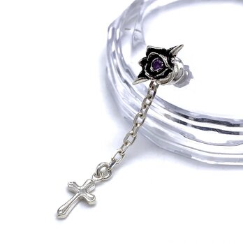 アメジスト/薔薇/十字架 チャーム ピアス/シルバー925/片耳用/セカンドピアス/つけっぱなし/シルバーアクセサリー/ゴシック