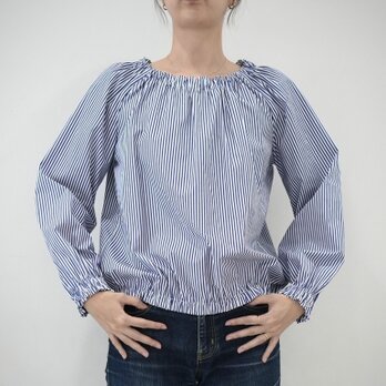 爽やかブルー×ホワイト❤︎コットン100% ブラウジング長袖ブラウス　No.366