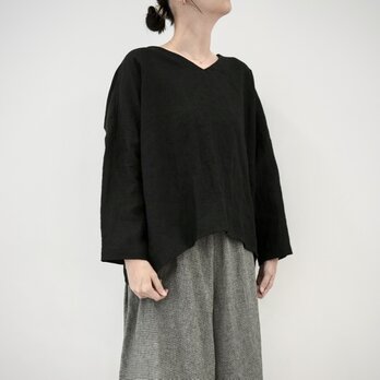 ベルギーリネンのゆったりトップス長袖 ブラック　No.370