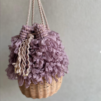 【1点在庫あり】「ピンク」籐とかぎ針編みのバッグMeggBag poche /かごバッグ