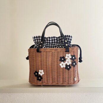 【1点在庫あり】手編みの籐かごバッグ/Megg  Bag panier/ギンガムフラワー ／かごバッグ