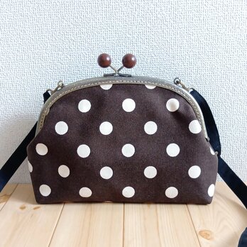 長財布も入る大きめサイズ　ドット帆布のがま口ショルダーバッグ　25cm口金　ブラウン　362