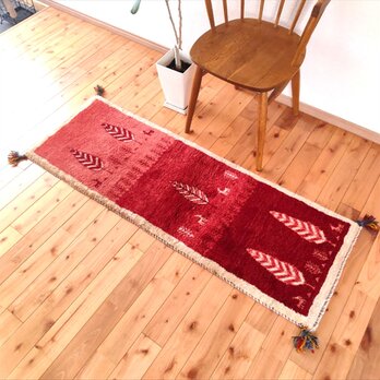 ペルシャ　ギャッベ ランナー中　144×52㎝　糸杉　桃色　茜色　ボルドーカラー　グラデーション　RJ13960