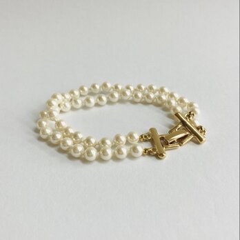 ガラスパール2連オールノットブレスレット/約6mm約20cm/クリーム/G/made in japan