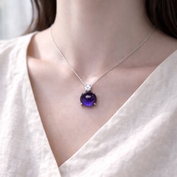 深紫の輝き＊アメジスト カボッション ネックレス｜2月誕生石｜大粒ジルコニア付き 上品シンプルジュエリー gn223