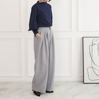 【洗える】プリーツタック ワイドパンツ  後ろウエストゴム 　【4サイズ】  グレー　0635Grey