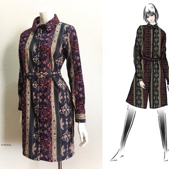 【1点もの・デザイン画付き】綿麻柄生地シャツ型ワンピース（KOJI TOYODA）