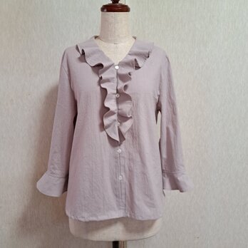 フリルブラウス　コットン　スモーキー　ビンク　七分袖　Lサイズ