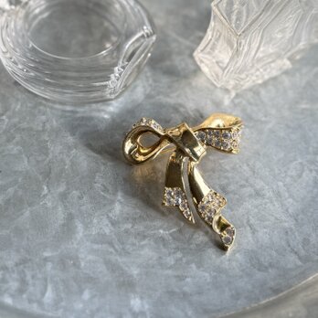 SCM44-【 MONET 】モネ・ヴィンテージブローチ 80s  Golden Color Rhinestone Ribbon
