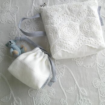 cutwork刺繍×linen 小さめPouchSet